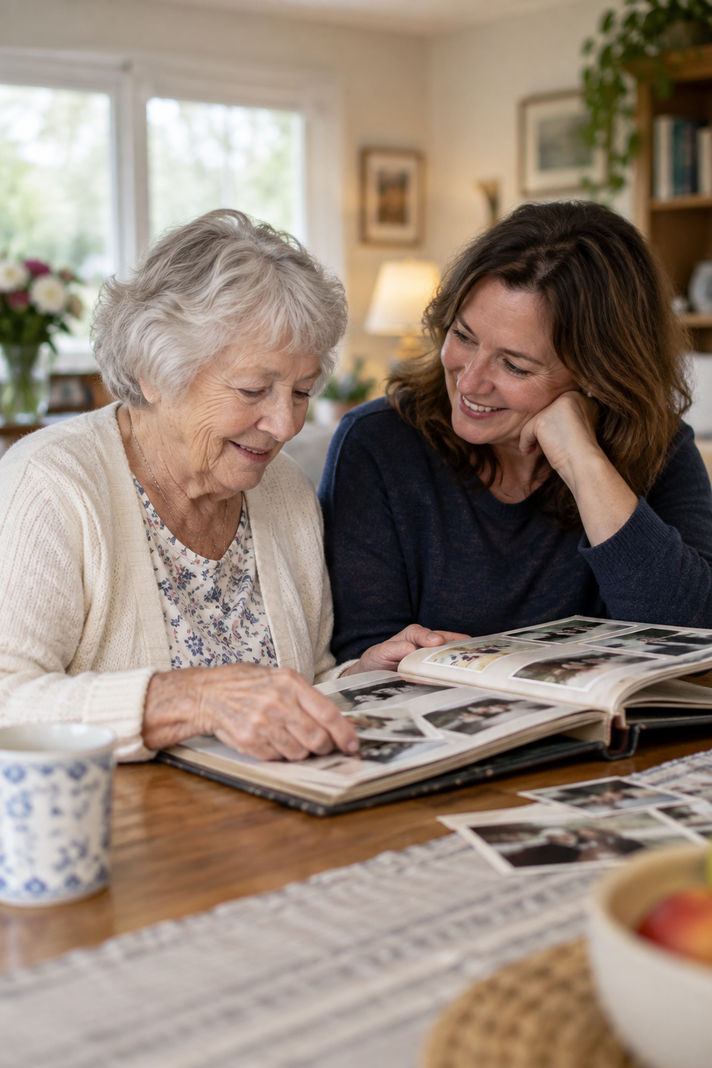 An older adult and companion looking through a family photo album together at home