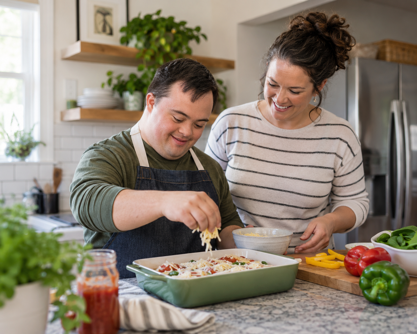 An adult preparing a meal with support in a home kitchen